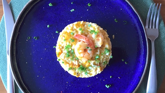 Risoto de abóbora com camarão